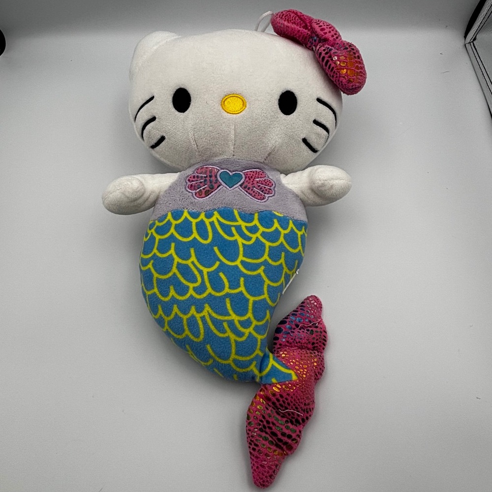 Sanrio Hello Kitty Mermaid Plush Blue Yellow Scales Pink Glitter Bow Stuffed Toy